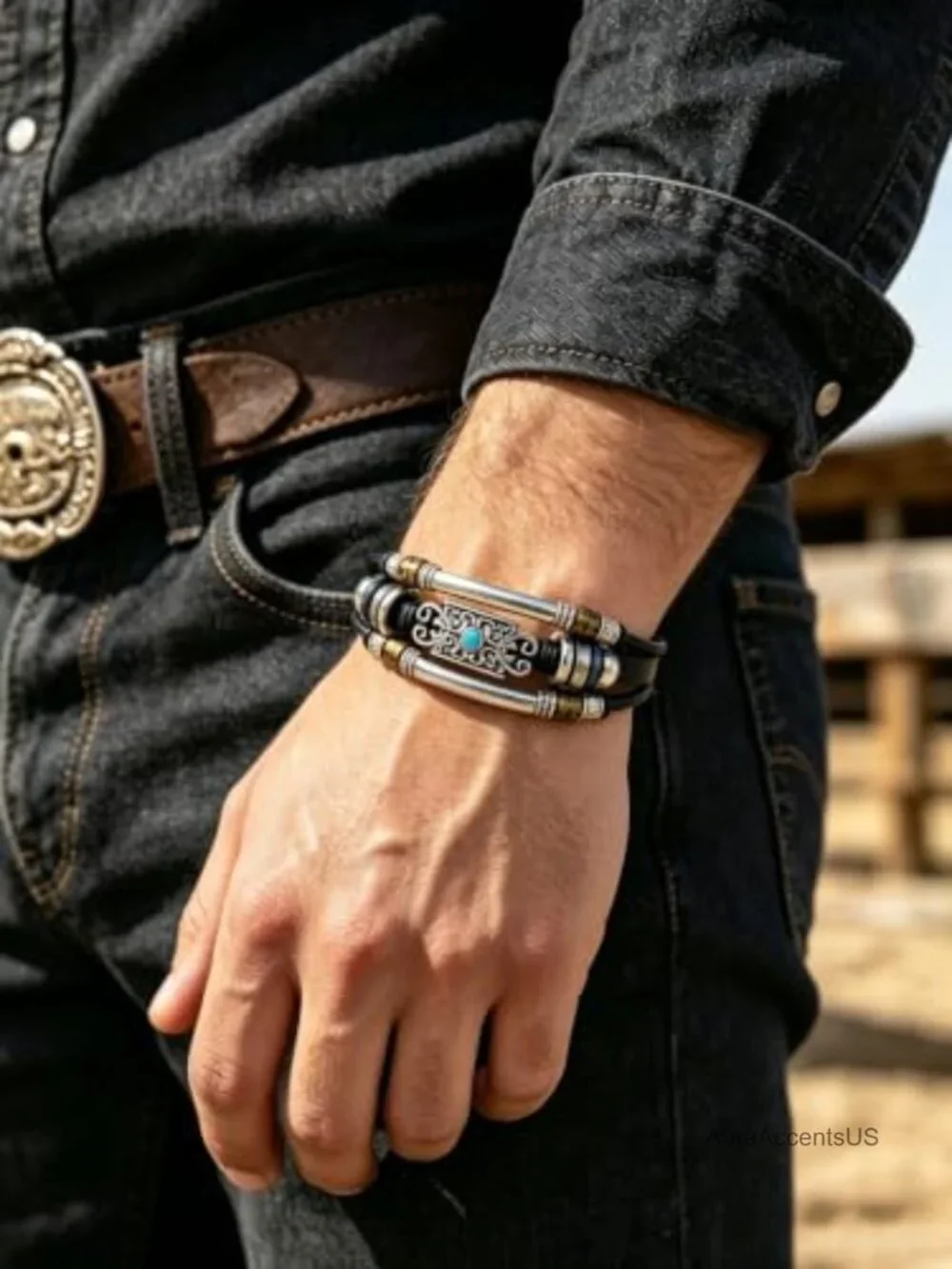 Western Turquoise Multi-Layer Leather Cuff Bracelet for Women Men